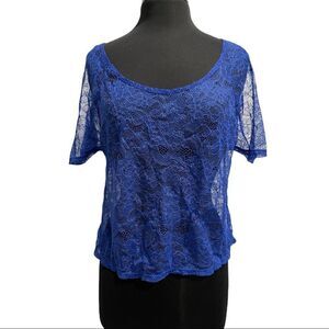 𝅺VS Moda International Royal Blue Sheer Lace Cold Shoulder Top Sz S